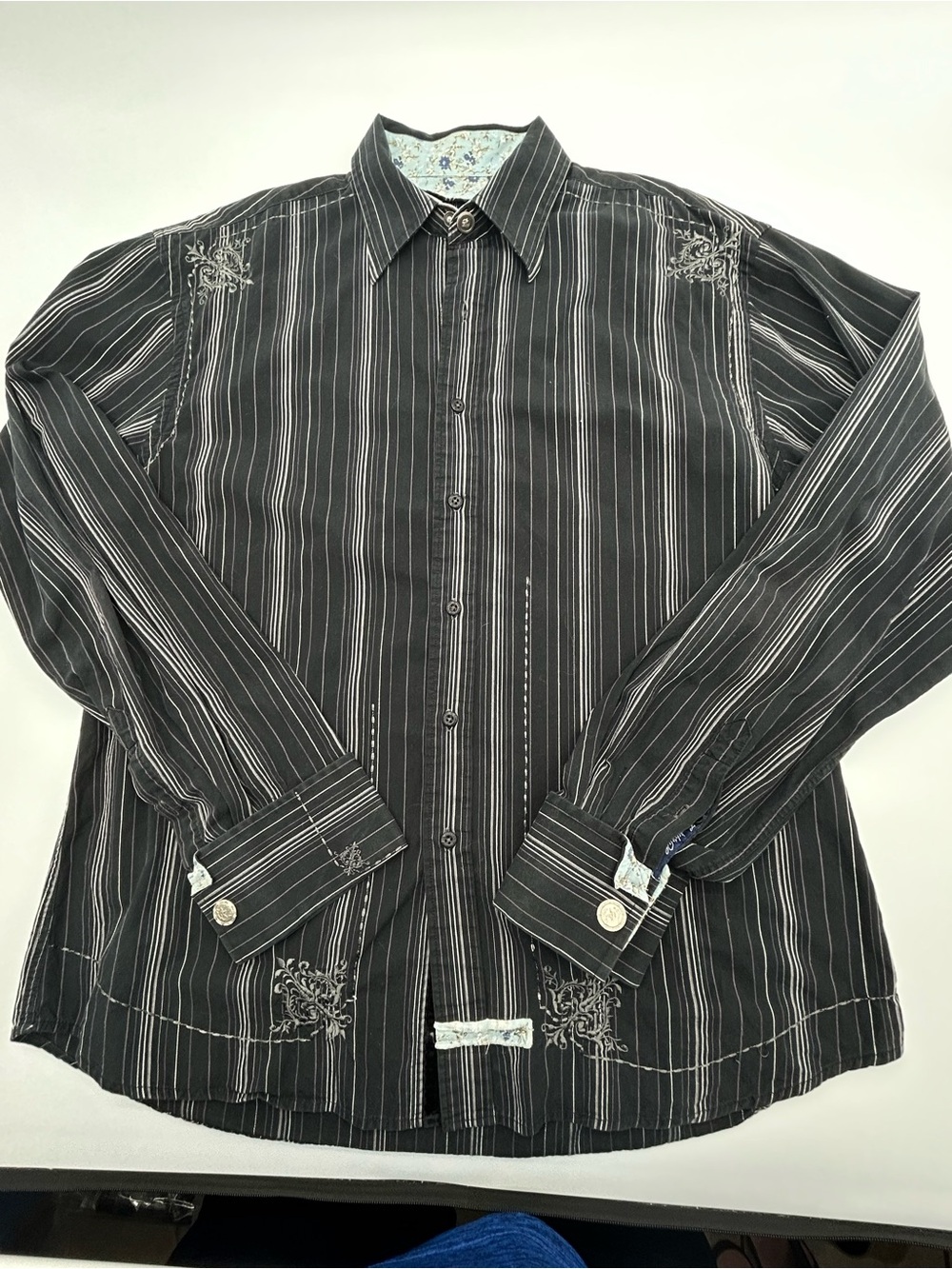 English Laundry Christopher Wicks Black and Gray Striped Embroidered Shirt size
